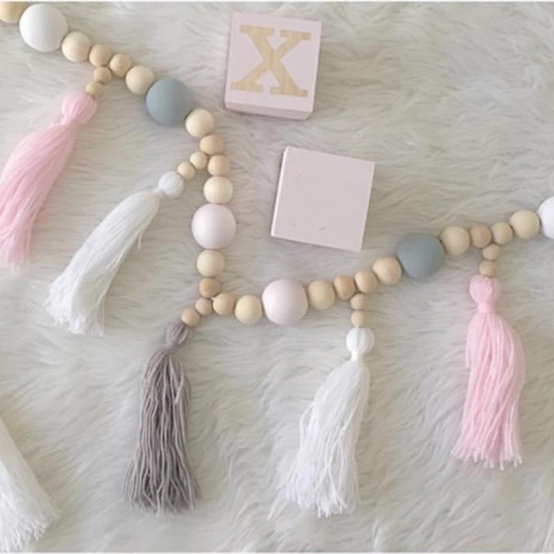 Nordic Style Wooden Wooden Bead Tassel Little Girl Baby Beaded Ornaments Wall Decoration Curtain