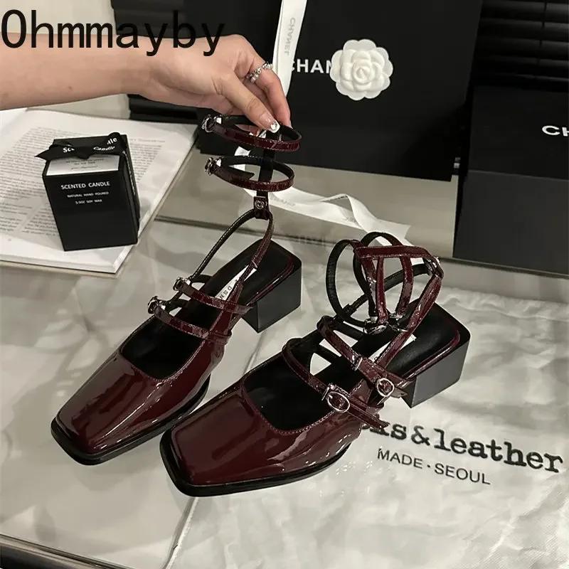 Summer Design Women Sandal Fashion Narrow Band Dress Square Heel Shoes Ladies Outdoor Patent Leather Mary Jane Shoes