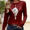 Tops For Women Cat Zipper Print Round Neck Long Sleeve T-shirt Fall Casual Slim Pullover Women's Long Sleeve Top