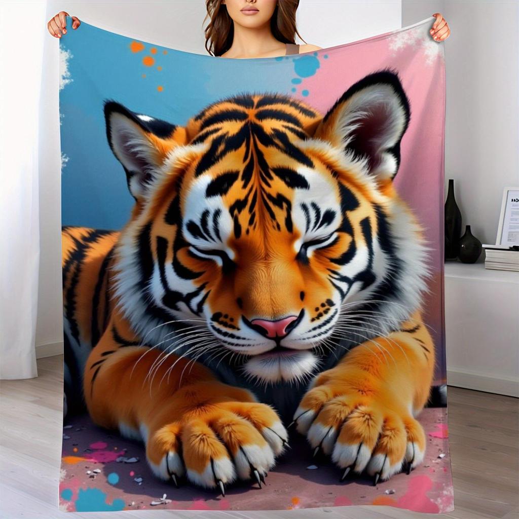 Sleepy Tiger Pattern Flannel printed blanket suitable for all seasons suitable for living room office sofa and travel