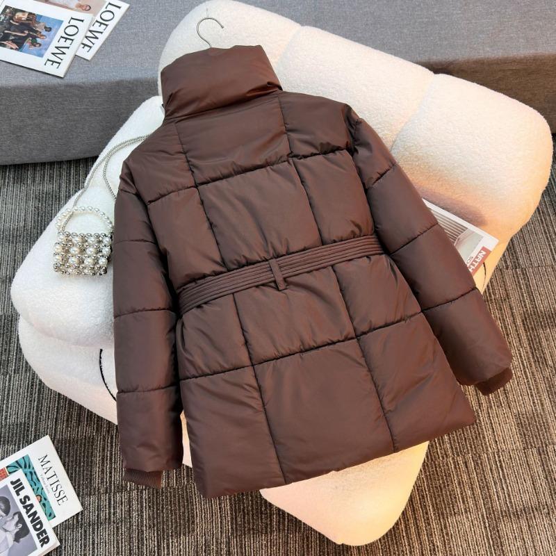 Women Stand Collar Belted Loose Fit Mid Length Long Sleeve Padded Coat Solid Color Winter Outerwear