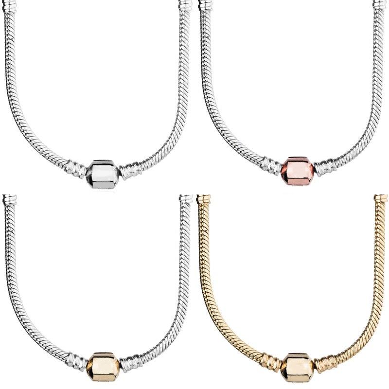 Original Golden & Silver Lobster Barrel Clasp Snake Chain Necklace For 925 Sterling Silver Bead Charm Europe DIY Jewelry