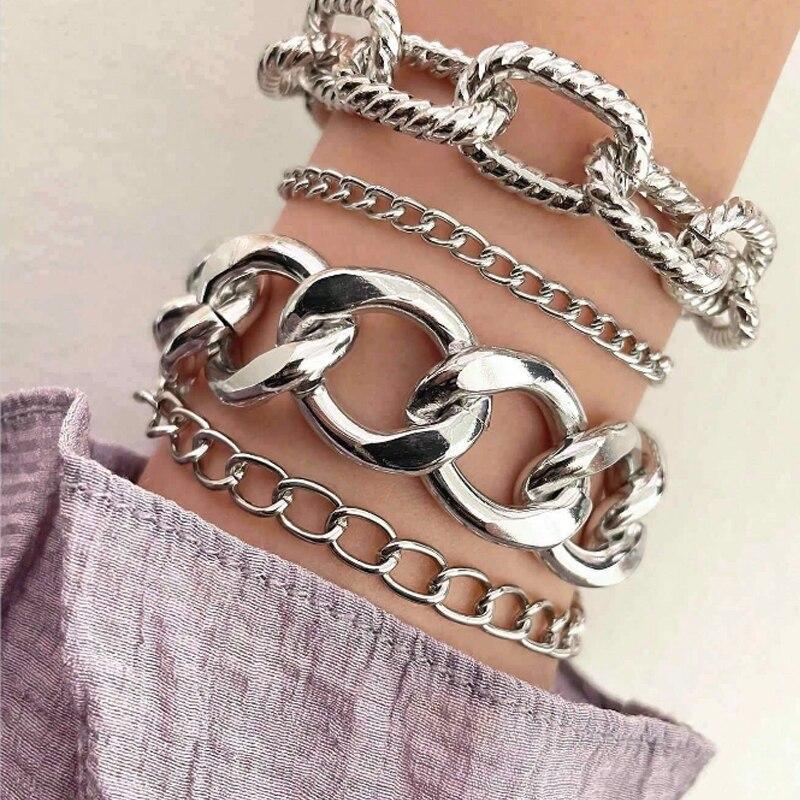 4 PCS Gold Color Chain Link Chain Bracelet Set Ins Style Women Boho Thick Cuban Chain Bangles Trendy Jewelry Set Gift Items