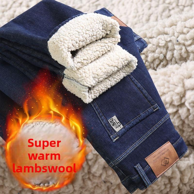 Зимние прямые джинсы из овечьего пуха, мужские утолщенные джинсы большого размера 40, с высокой талией, эластичные, с флисовой подкладкой, теплые, облегающие