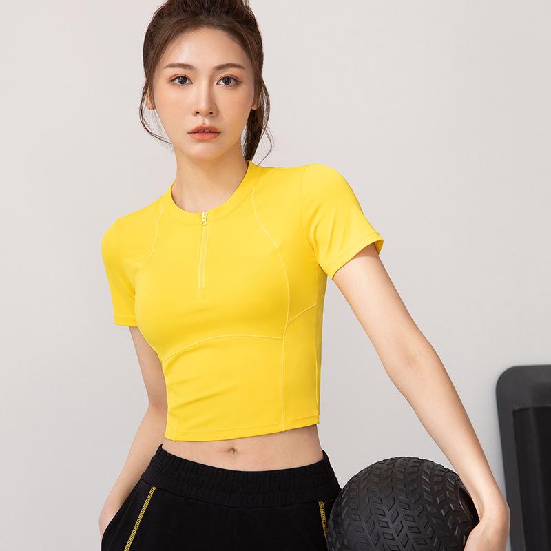 Женская быстросохнущая футболка для бега с застежкой-молнией на половину длины — летняя легкая футболка для йоги с коротким рукавом