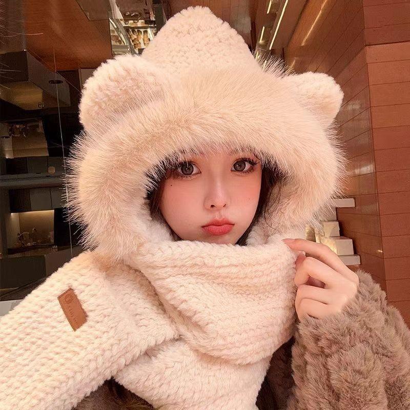Hat Female Autumn and Winter Warm Knitted Wool Snow Hat Cycling Mother Fashion Ear Protection Headgear Scarf Integrated Hat