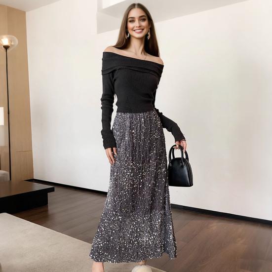 Women Skirt Solid Color Shiny Sequin Decoration Midi Skirt Elastic High Waist Back Slit Design Skirt Beach Weddings Skirt