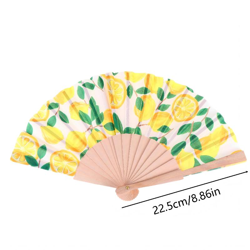 Lemon Print Folding Hand Fan-Bamboo Fabric Fruit Pattern Handheld Fan for Summer Cooling Wedding Party & Dance Performance Decor