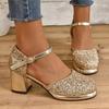 Большой размер Пайеточная ткань Пэчворк ПУ Круглый носок Толстый каблук Блестящие сандалии Ремешок на щиколотке Неглубокий вырез Сверхразмер Босоножки на высоком каблуке