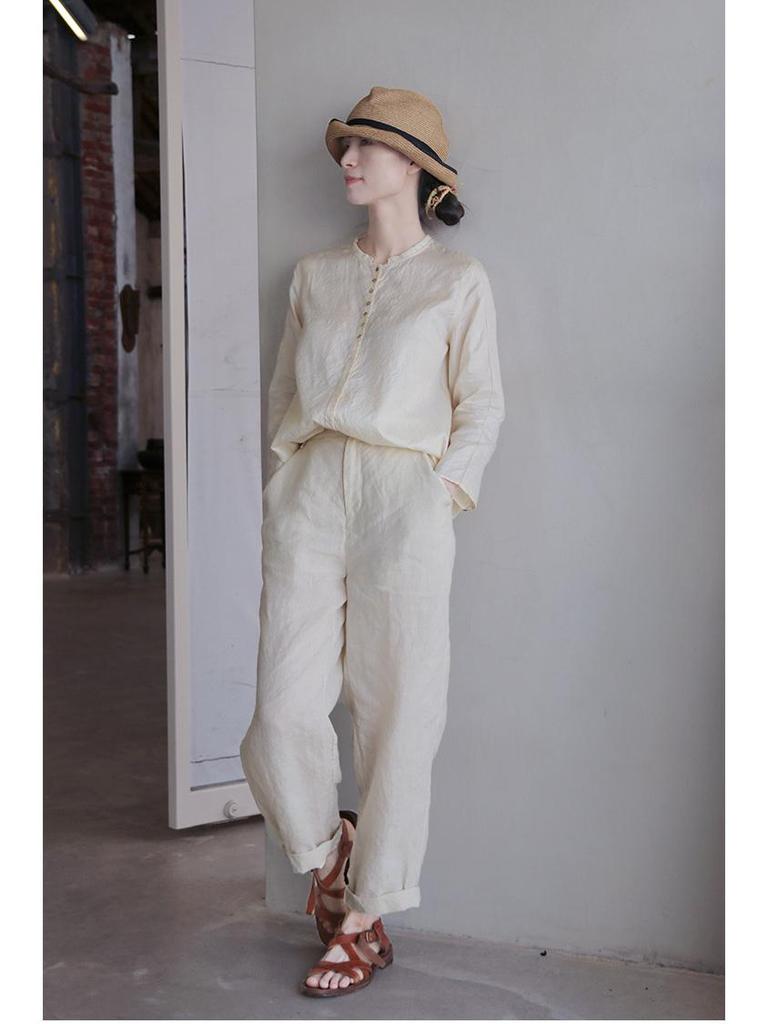 Осень 2021 Ретро Китайский Стиль Тусса Шелковая Тутовая Шелковая Стойка Воротник Свободный Длинный Рукав Повседневная Женская Рубашка