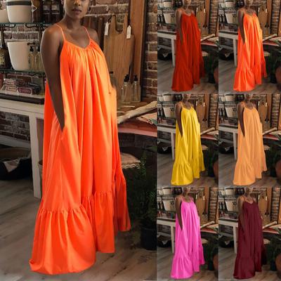 Женское модное повседневное однотонное платье на бретельках с карманом, свободное платье с открытой спиной, большое распашное платье