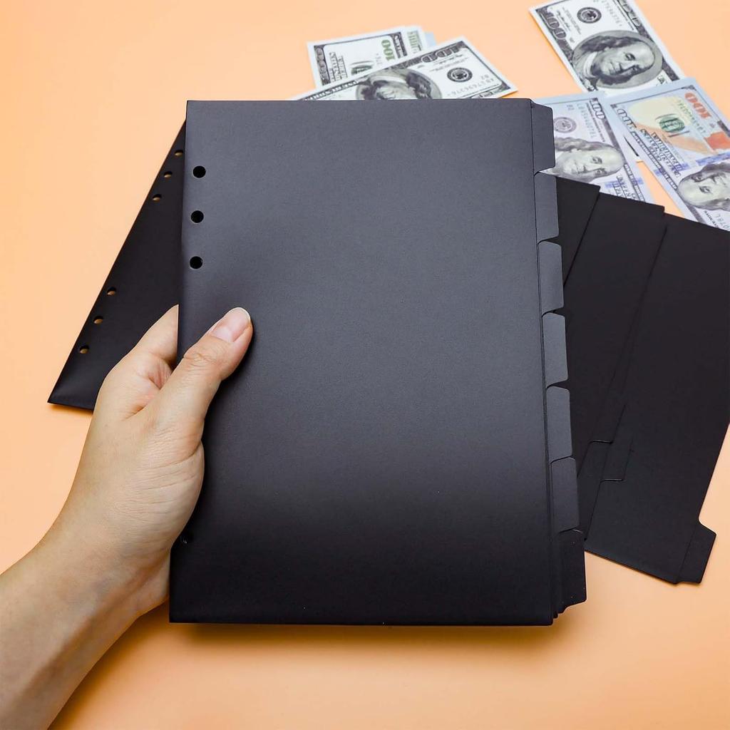 Mogoostry A5 Binder Pocket 7-Tab Binder Dividers Index Pocket Dividers for 6 Ring Binder 1/7 Cut Black Plastic Sheets Protectors, Pack of 2 Sets, 14