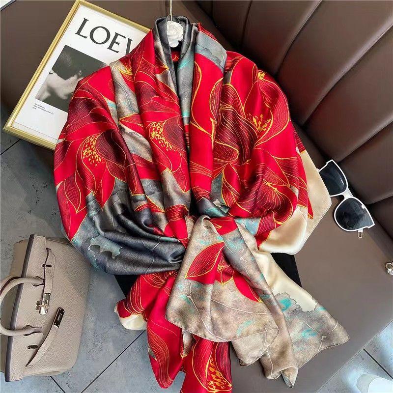 Women Colorful Geometric Elegant Chiffon Scarf Summer Beach Silk Feeling Travel Sun Protection Thin EMA