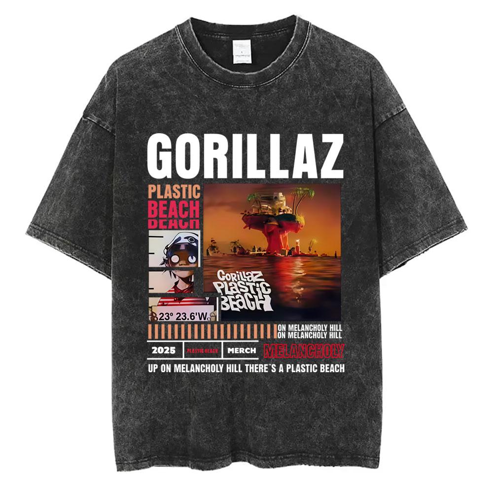 Washed Vintage Rock Band Gorillaz The Mountain Tour T Shirt Men Women Casual Oversized Tshirt Man Retro Rock Gothic Tshirt