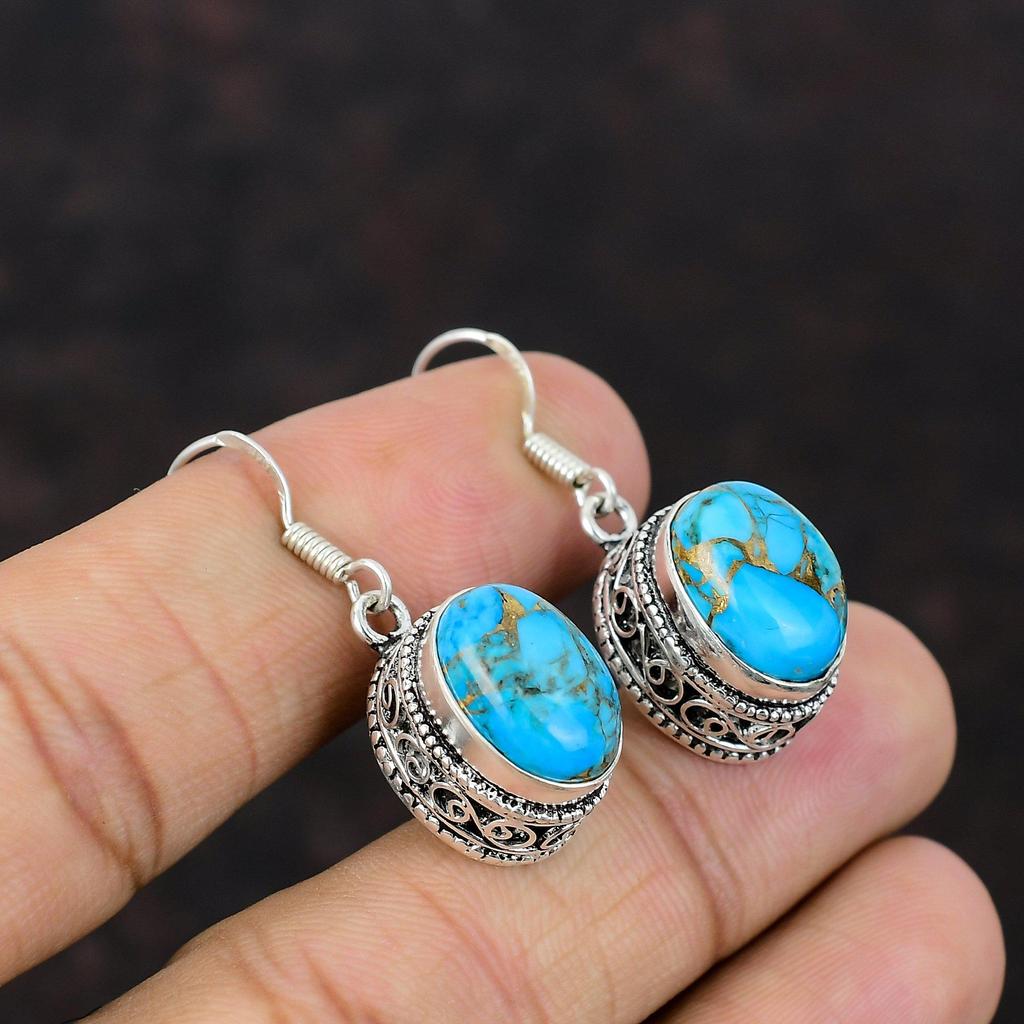 Медные синие бирюзовые серьги Изысканные ювелирные изделия ручной работы Серьги из стерлингового серебра 925 пробы Замечательные ювелирные изделия из драгоценных камней Винтажные серьги Подарок для друга