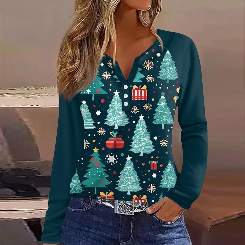 Женская мода повседневная рождественская печать V-образный вырез рукава реглан с декоративными пуговицами длинный рукав футболка топ