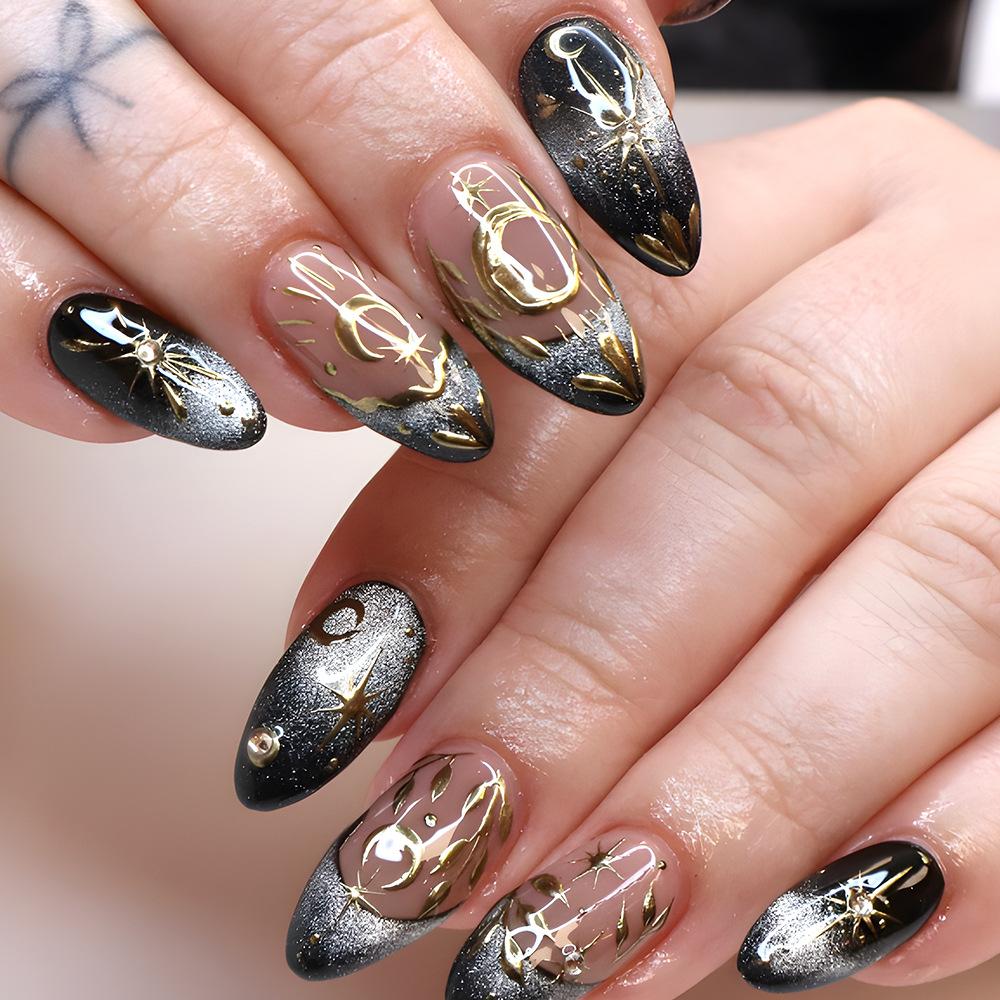 24Pcs Blue Almond Press On Nails With Gold Star Patterns Gentle Romantic Fake Nails For Spicy Girl Manicure