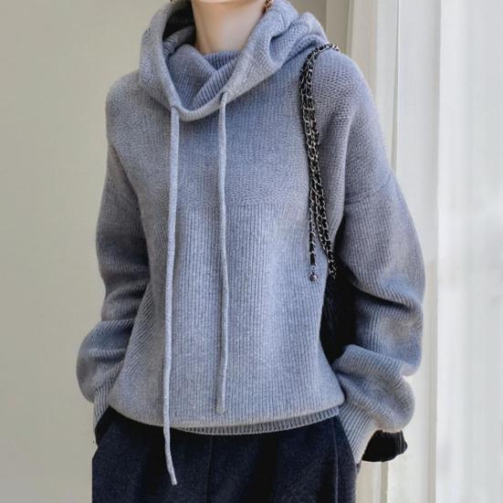 Women Sweater Pile Collar Drawstring Hooded Long Sleeve Knitting Tops Solid Color Casual Loose Fit Knitwear
