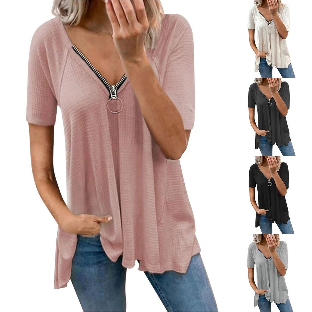 Womens Sexy V-neck Collar Zipper Solid Short Sleeve Fold Casual Blouse Tops