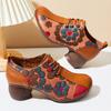 Autumn Pumps Women Shoes Chinese Style Printing Genuine Leather Lace-Up High Heels Concise Ladies Shoes