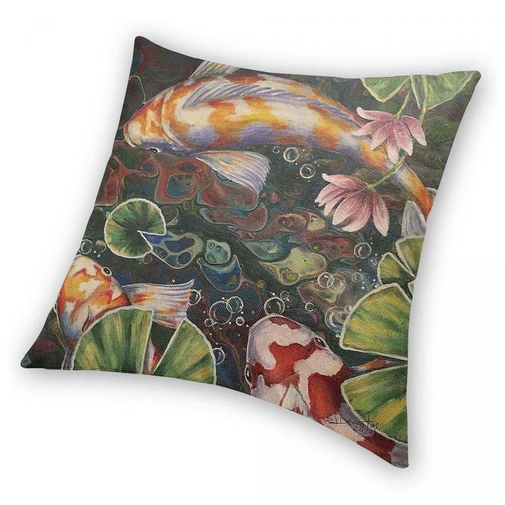 Beautiful Koi Fish Pond Square Pillowcase Polyester Linen Velvet Creative Zip Decor Sofa Seater Cushion Cover 45X45