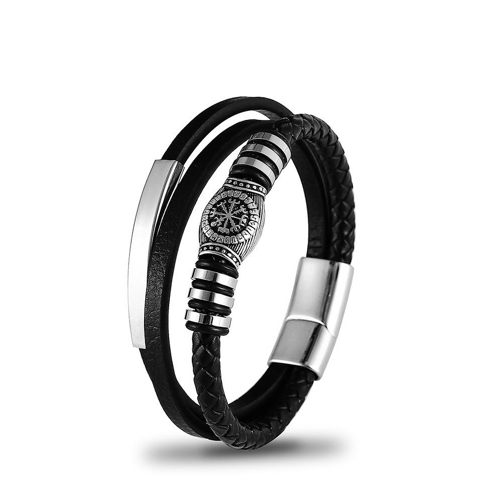 Viking Rune Compass Multi-layer Leather Bracelets Mens Stainless Steel Magnet Clasp Wristband Vintage Norse Male Amulet Jewelry