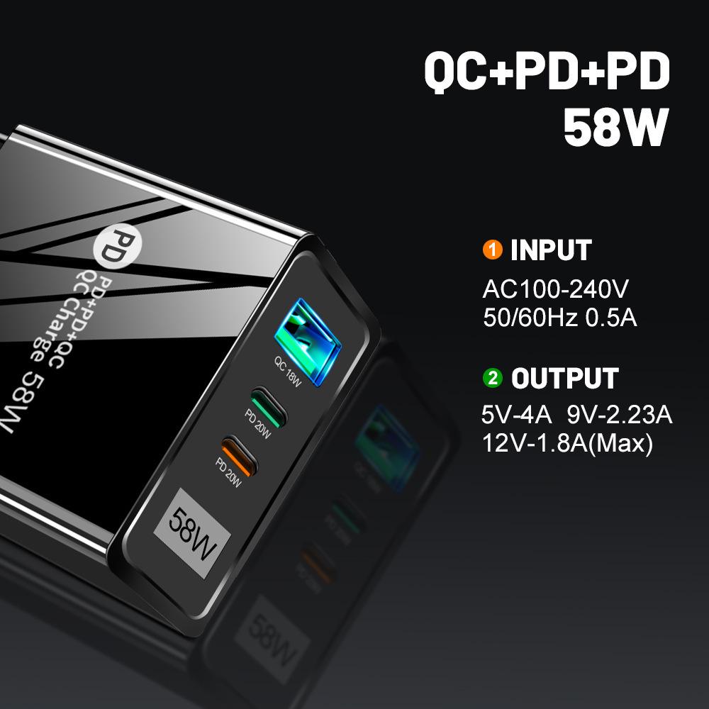 Двойное быстрое зарядное устройство 58 Вт: 2PD+QC3.0 для ЕС/США/Великобритании/Южной Кореи/Австралии