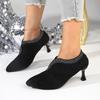 Туфли-лодочки на тонком каблуке со стразами, женские из мягкой кожи, новые весенне-осенние, черные матовые, с острым носком, с глубоким вырезом, универсальная женская обувь