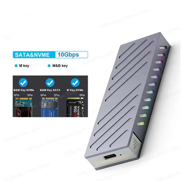 Корпус для M.2 SSD 10 Гбит/с M.2 SATA/NVMe Двухпротокольный адаптер SSD SSD к USB 3.1 Внешний корпус для NVME PCIE NGFF SATA RGB-бокс