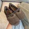 Fashion Cute Fluffy Warm Mary Jane Women's Shoes Comfort Plush Winter Flats Luxury Rhinestone Belt Buckle Design Outdoor Cotton Shoes