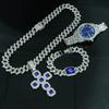 Luxury Hip-Hop Unisex Bling Quartz Rhinestone Iced Cross Pendant Necklace & Bracelet Watch Gift Set Pointer Dial Lightweight
