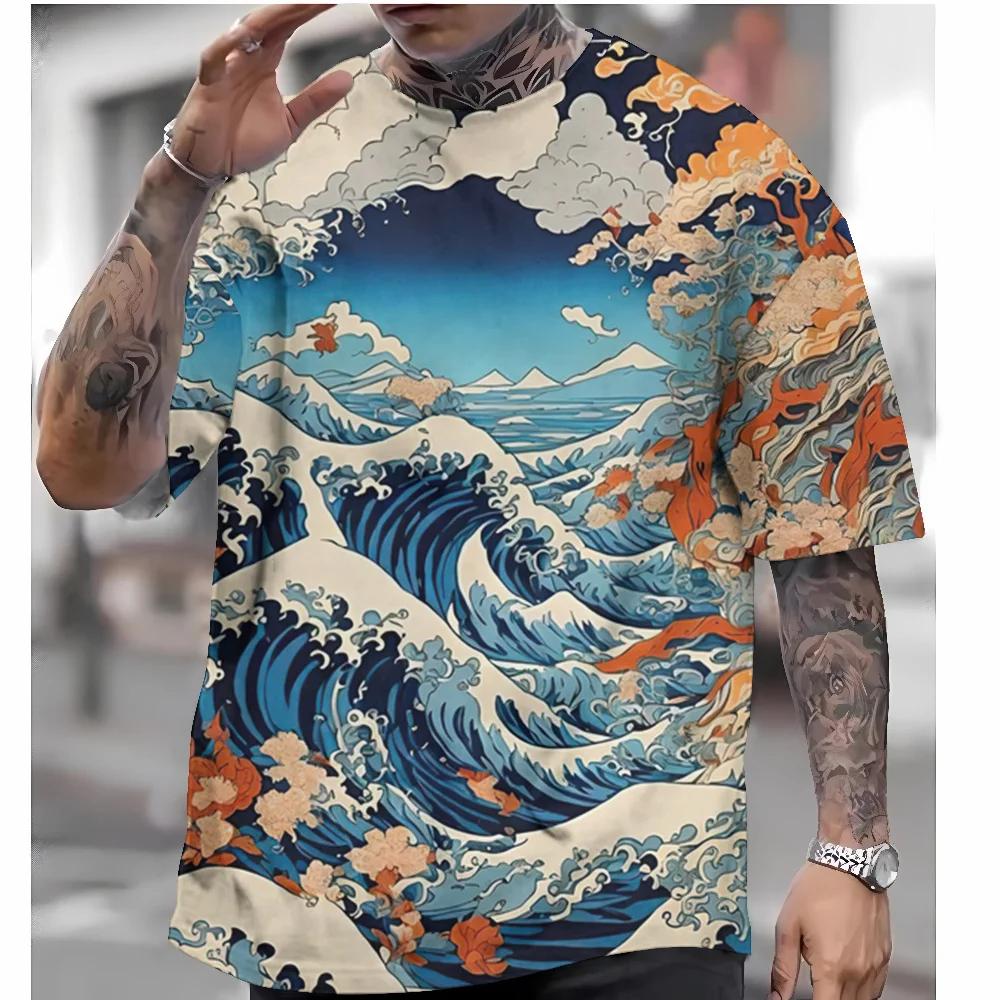 2024 Men’s T-Shirt Japanese Style Ukiyoe Graphic Tee Casual Short Sleeve Tops Clothing Oversized Apparel Streetwear Male T-Shirt