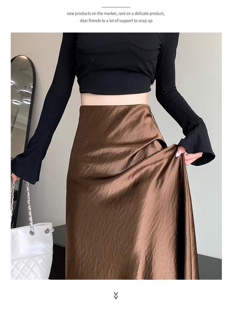 Французская атласная миди-юбка А-силуэта с высокой талией для женщин - Осенняя коллекция