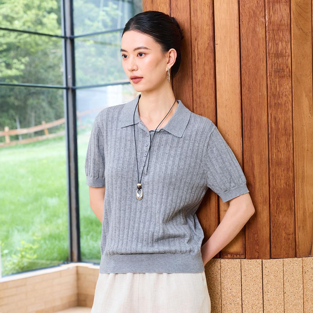 POLO collar hollowed out short sleeved knitted sweater for women in the summer of 2026, thin commuter versatile T-shirt top