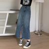 Women Retro Midi Skirt High Waist Button-Zipper Closure Denim Skirt Multi Pockets Front Slit Design Washed Denim Skirt