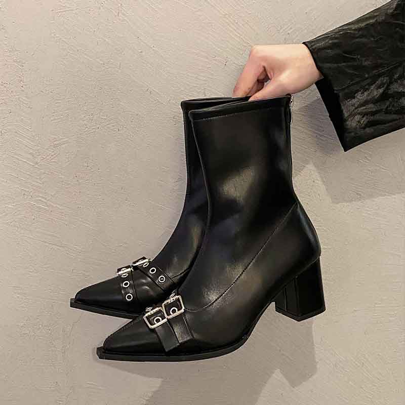 Женские короткие ботинки на остром толстом каблуке, новые осенне-зимние эластичные тонкие ботинки в стиле ретро на высоком каблуке и ботильоны, модные ботинки Мартин