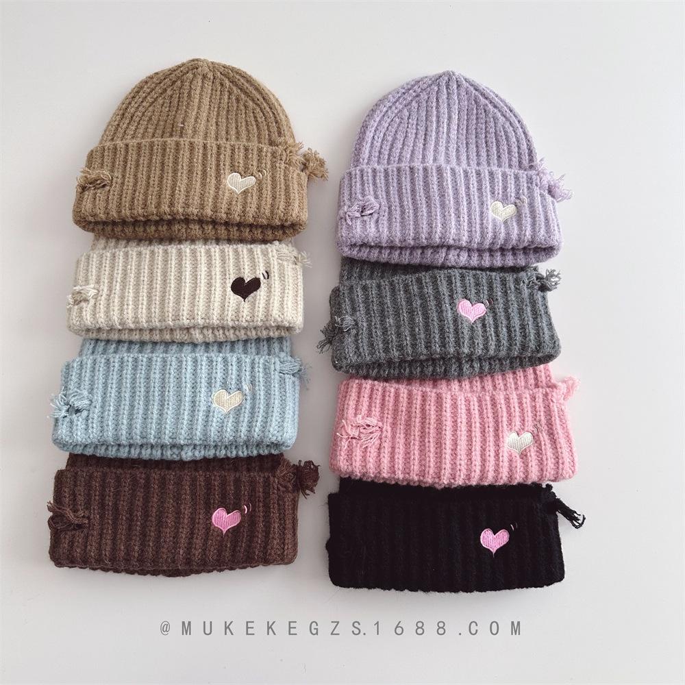 Children, Knitted Hats, Autumn and Winter, Holes, Heart-shaped Embroidery, Boys and Girls, Warm Hats, Woolen Hats