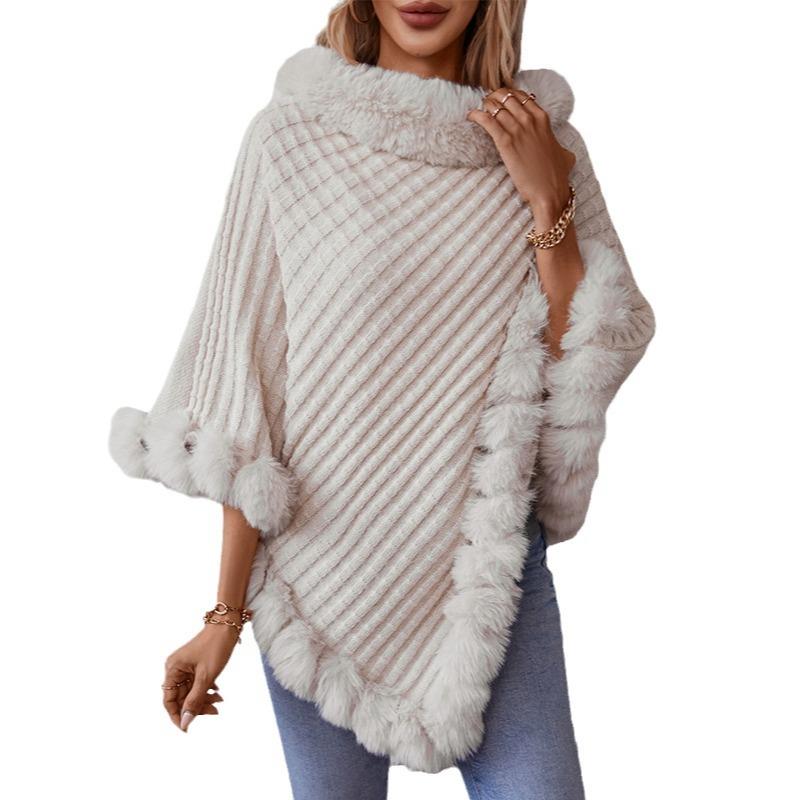 Casual Poncho for Women Solid Color Shawl Wrap Cape with Faux Fur Trim Winter Sleeveless Cloak Coat Womens Warm Pullover Luxury Knitted Sweater Poncho