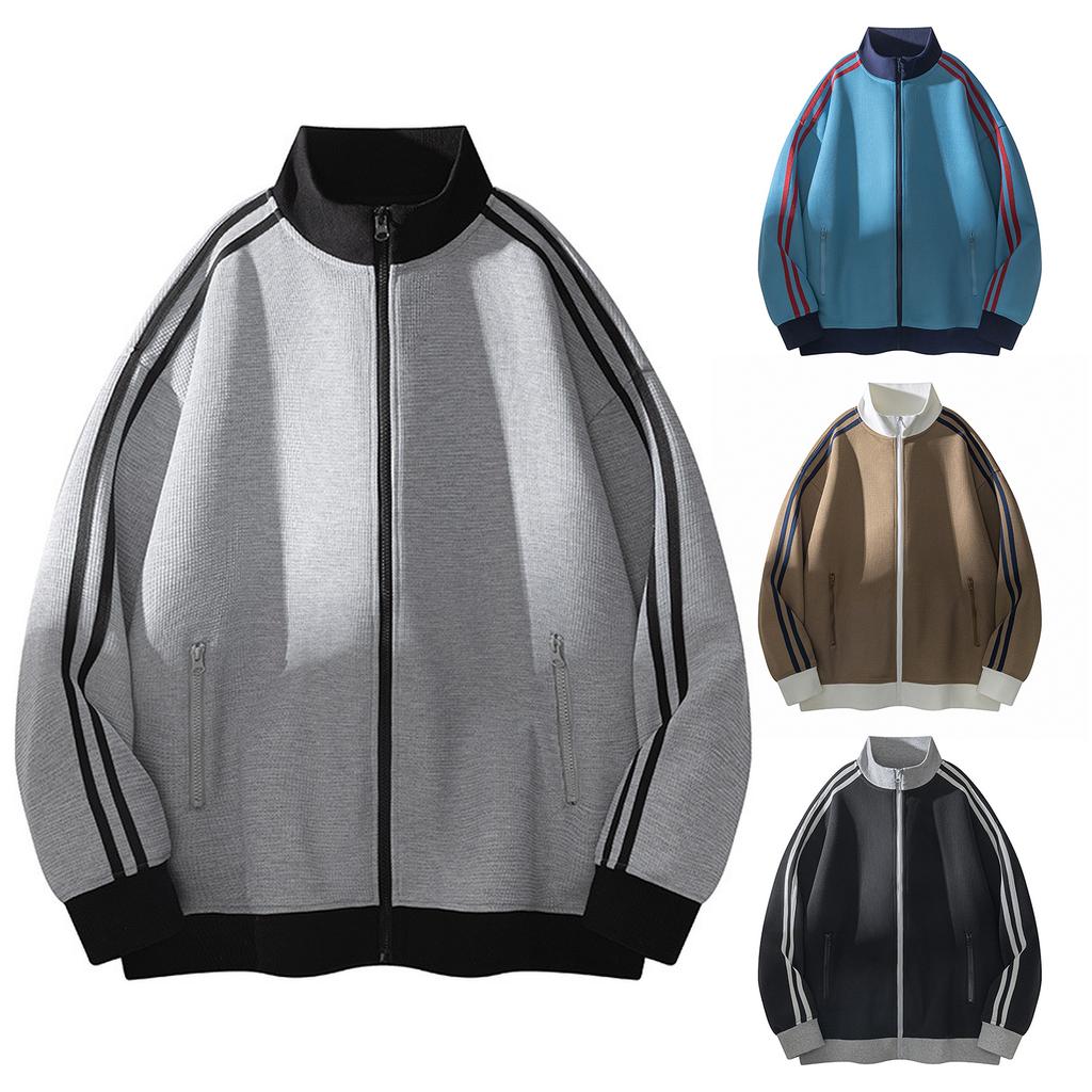 Retro College Style Cardigan Sports Style Loose Hoodie Casual Color Jacket Stand Collar Striped Jacket