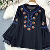Женская блузка в этническом стиле с круглым вырезом и вышитыми рукавами-фонариками в стиле ретро, ​​летние женские топы с цветными блоками