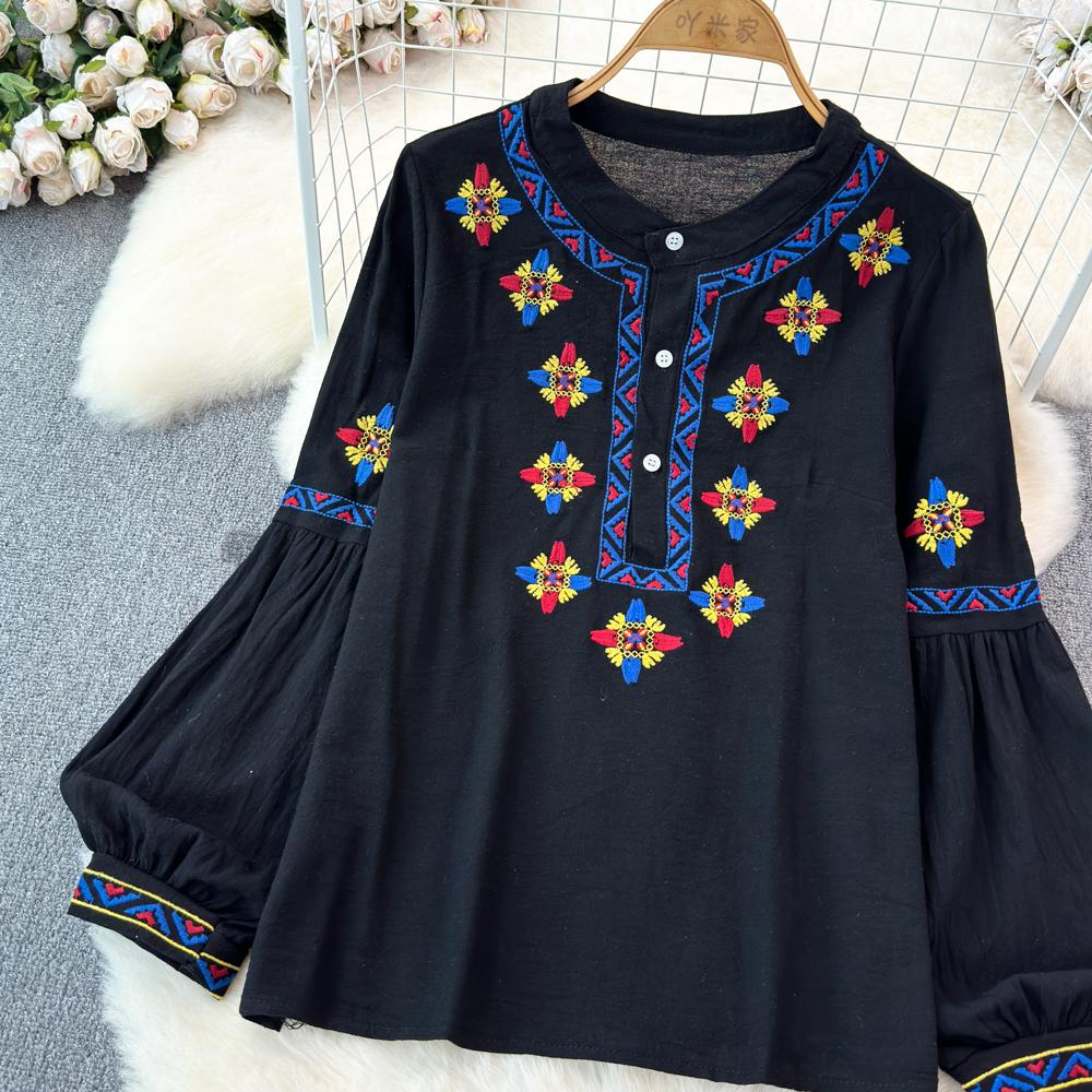 Женская блузка в этническом стиле с круглым вырезом и вышитыми рукавами-фонариками в стиле ретро, летние женские топы с цветными блоками