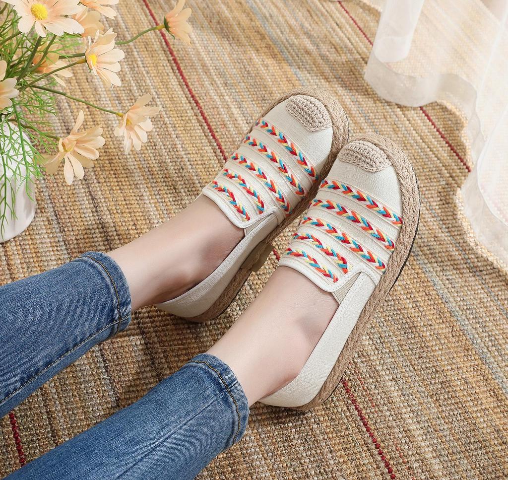 Женские вышитые льняные туфли без застежек — этнический стиль, нескользящие и дышащие, для весны и осени