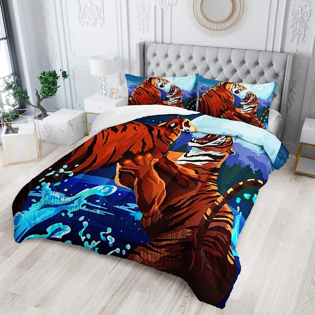 Tiger Comforter Cover Set 3D Tiger Lying on The Stump Pattern Duvet Cover with Zipper Ties Wild Animal Theme Bedding Set for Kid