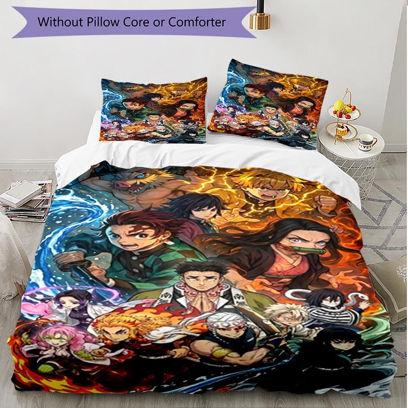 3pcs Duvet Cover Set (1*Duvet Cover + 2*Pillowcase, Without Core), Demon Slayer Print Soft All‑Season Bedding Set, Home Bedroom Decor Gift