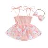 Baby Girls Rompers Dress Easter Clothes Rabbit Print Mesh Tulle Layered Skirt Hem Toddler Bodysuits Jumpsuits with Headband