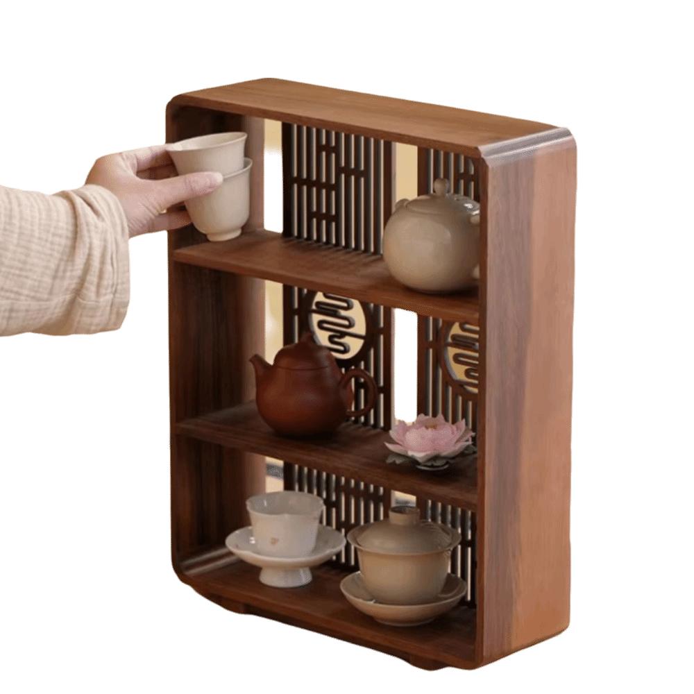 Window Lattice Chinese Walnut Display Shelf Walnut Wood Tea Organizer Living Room