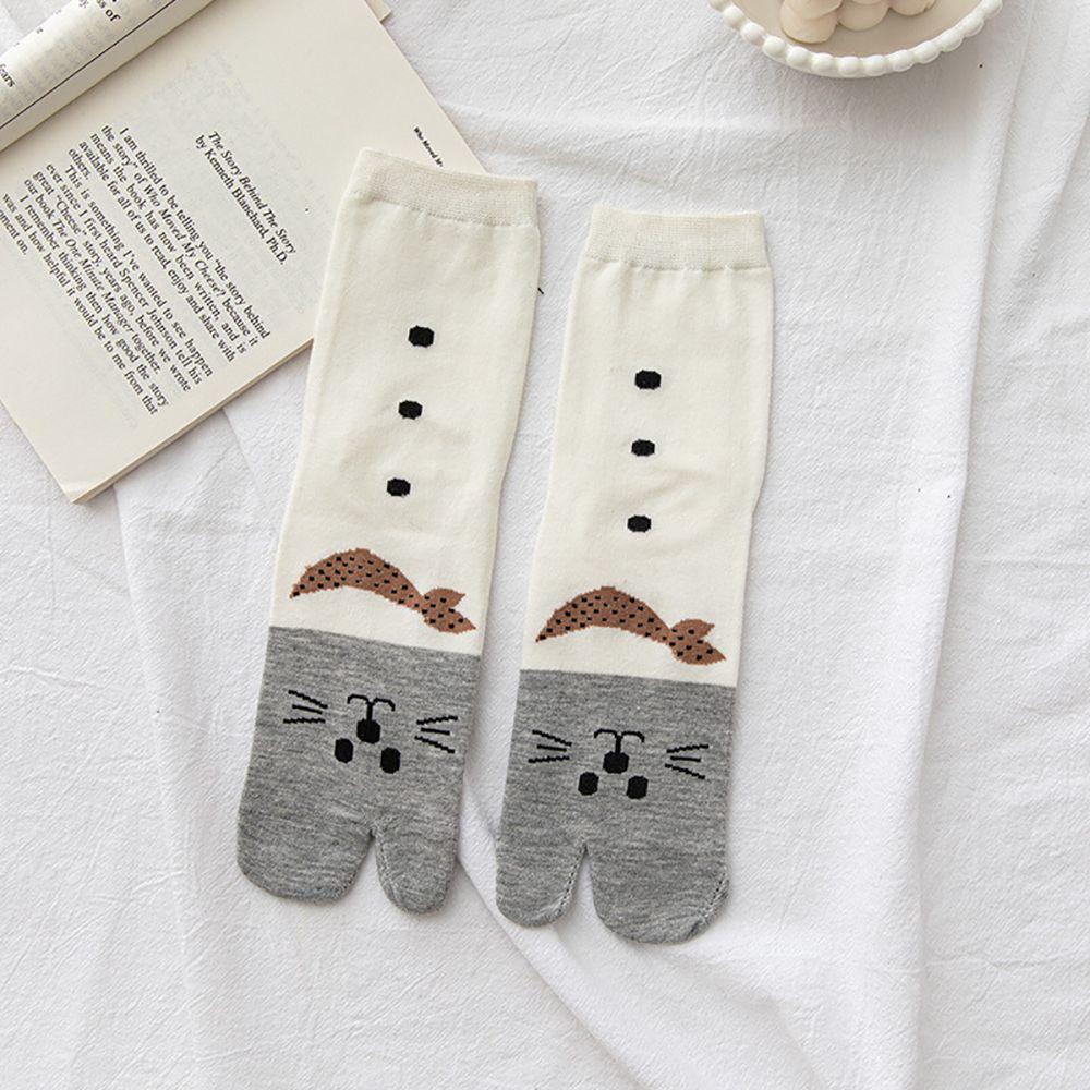 Harajuku Students Cartoon Cotton Split Toe Female Middle Tube Socks Cat Socks Hosiery Two Toe Socks