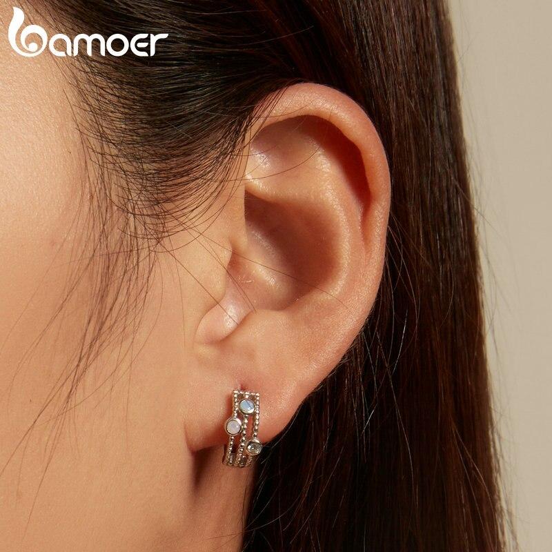 BAMOER, многослойные серьги-кольца из стерлингового серебра 925 пробы с геометрическим узором, серьги-кольца с цирконием для женщин, изящные ювелирные изделия