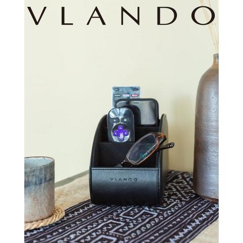 Vlando Remote Control Rack, Large, PU Leather, Remote Control Storage, Tabletop, 5 Compartments, Remote Control Stand, Stylish, Waterproof, Multi-func
