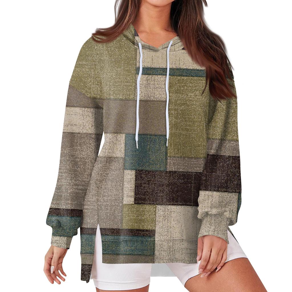 Women's Fashionable Casual Hoodie Long Sleeved Drawstring Pullover Geometric Splicing Printed  Loose Slit Sweatshirt